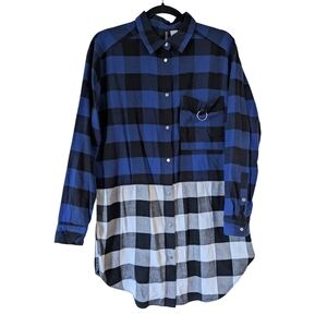 H&M Blue and Black Color Block Women's Long Flannel Shirt - 4